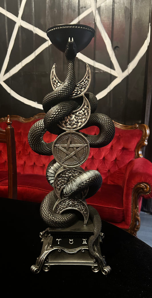 Moon, Pentacle & Serpent Tall Taper Candle Holder