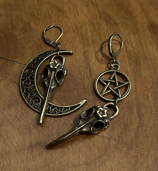 Moon, Pentacle & Raven Skull Asymmetrical Earrings