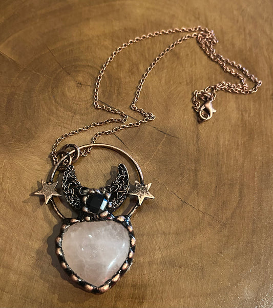 Rose Quartz, Sun, Moon & Star Pendant